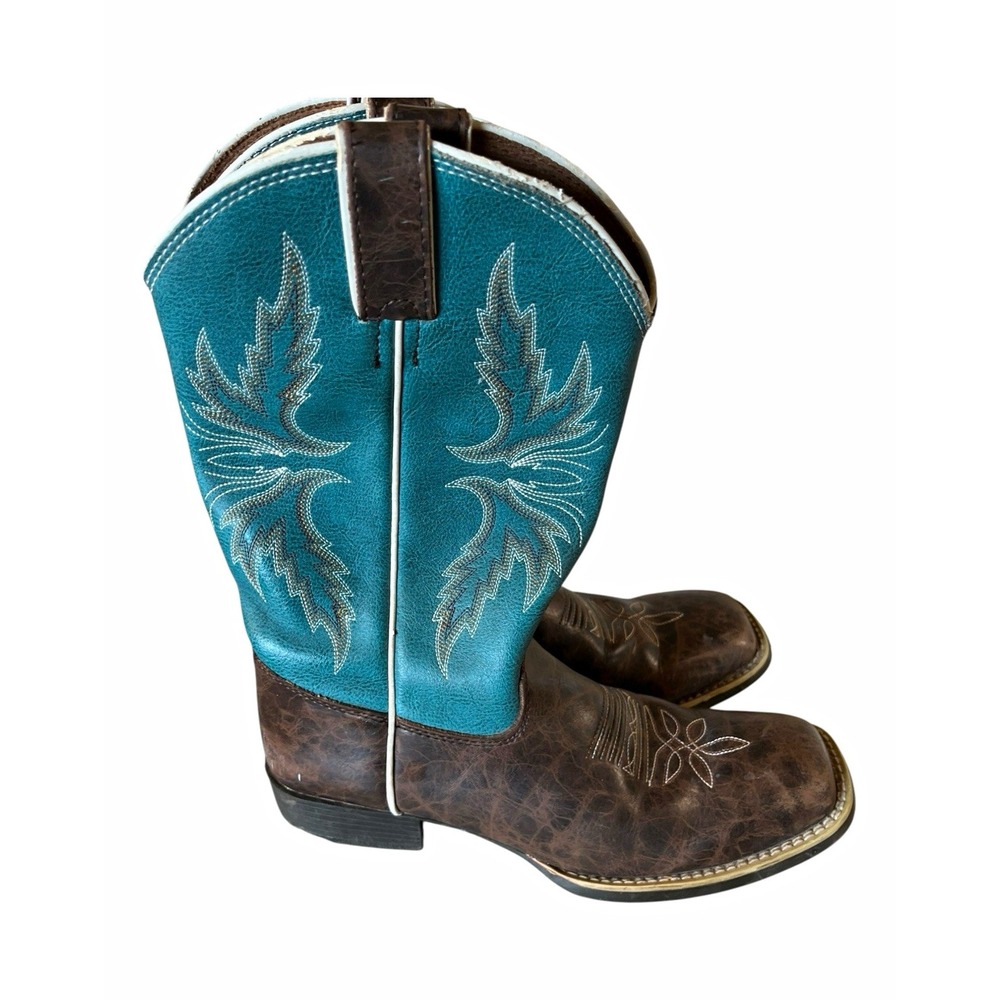 Justin Women's Western Leather Boots Brown/Blue Embroidered Square Toe Pull-On